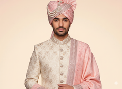 Regal Peach-Pink Groom’s Pagdi with Embroidered Safa & Pearl Kalgi