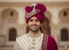 Majestic Rani Pink Velvet Groom’s Pagdi with Embroidered Safa & Pearl Kalgi