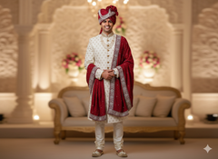 Royal Maroon Groom’s Pagdi with Embroidered Safa & Pearl Kalgi