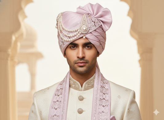 Elegant Lavender Groom’s Pagdi with Embroidered Safa and Pearl Kalgi