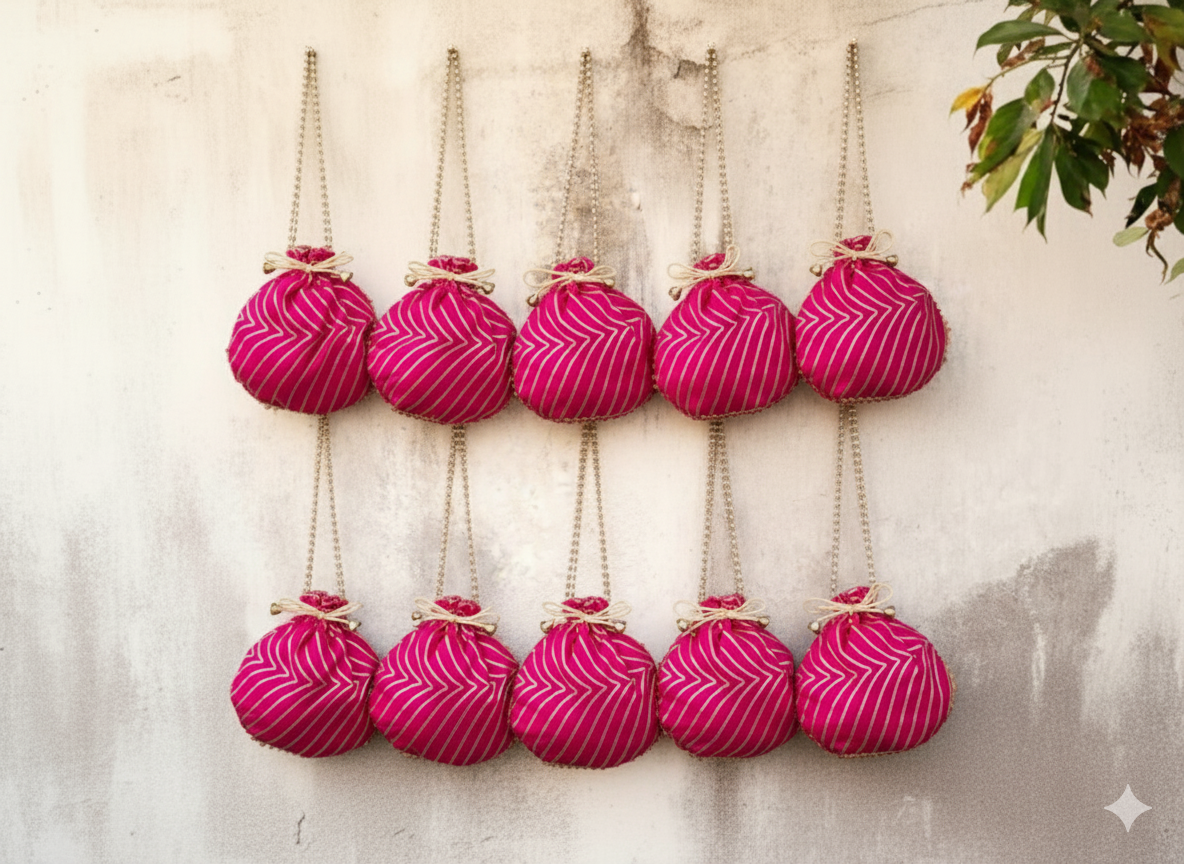 Bandhani Style Round Potli Bag with Golden Handle - Pink