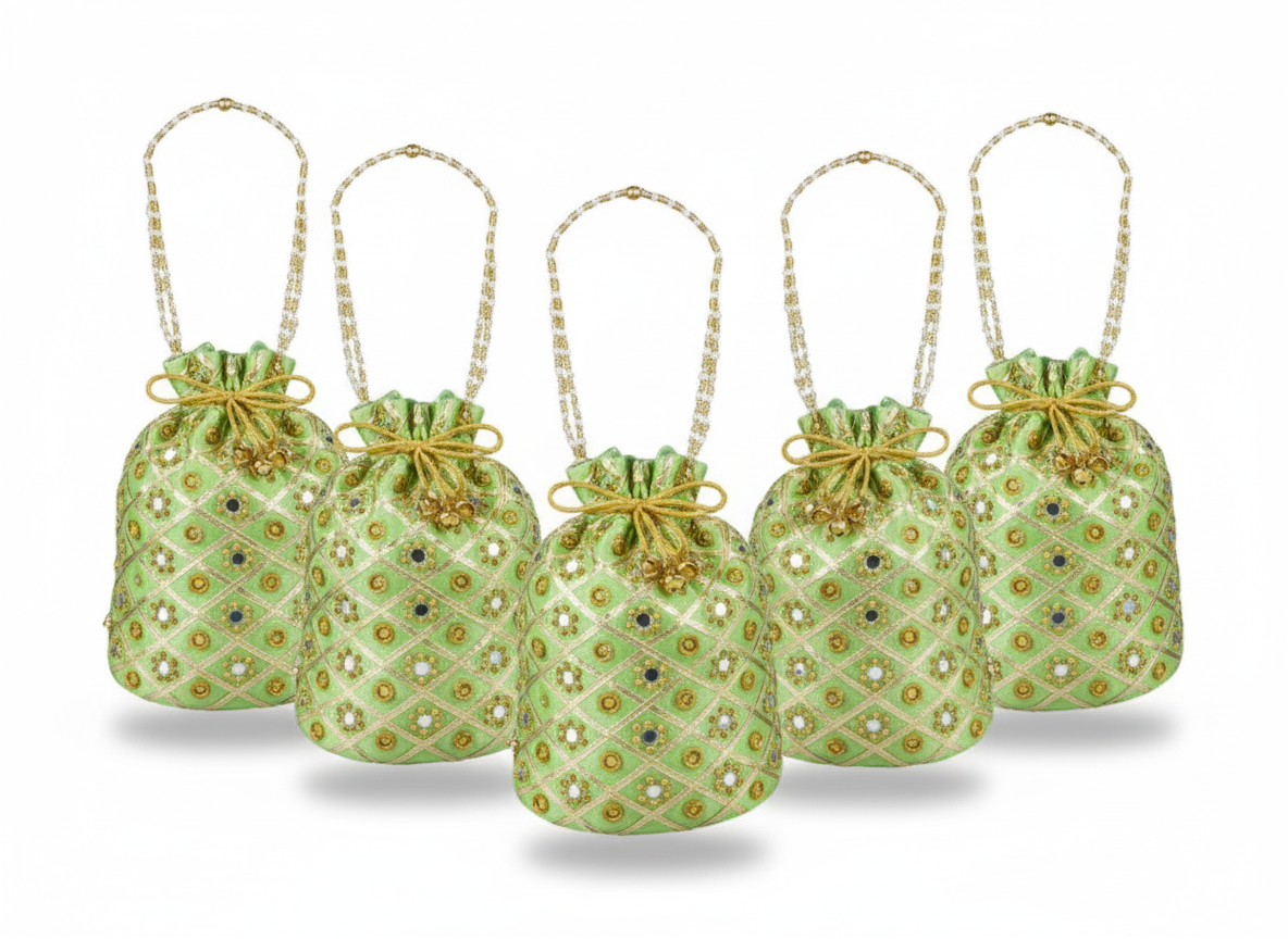 Embellished Silk Potli Bag with Beaded Handle Sea Green - Pack of 5