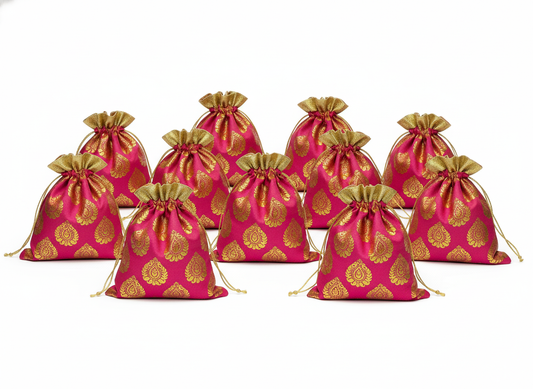 Traditional Pink & Gold Brocade Potli Bag (pack of 10))