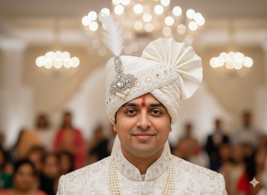 Hand-Tied Elegance in style Groom Pagdi with Embroidered Safa and Pearl Kalgi