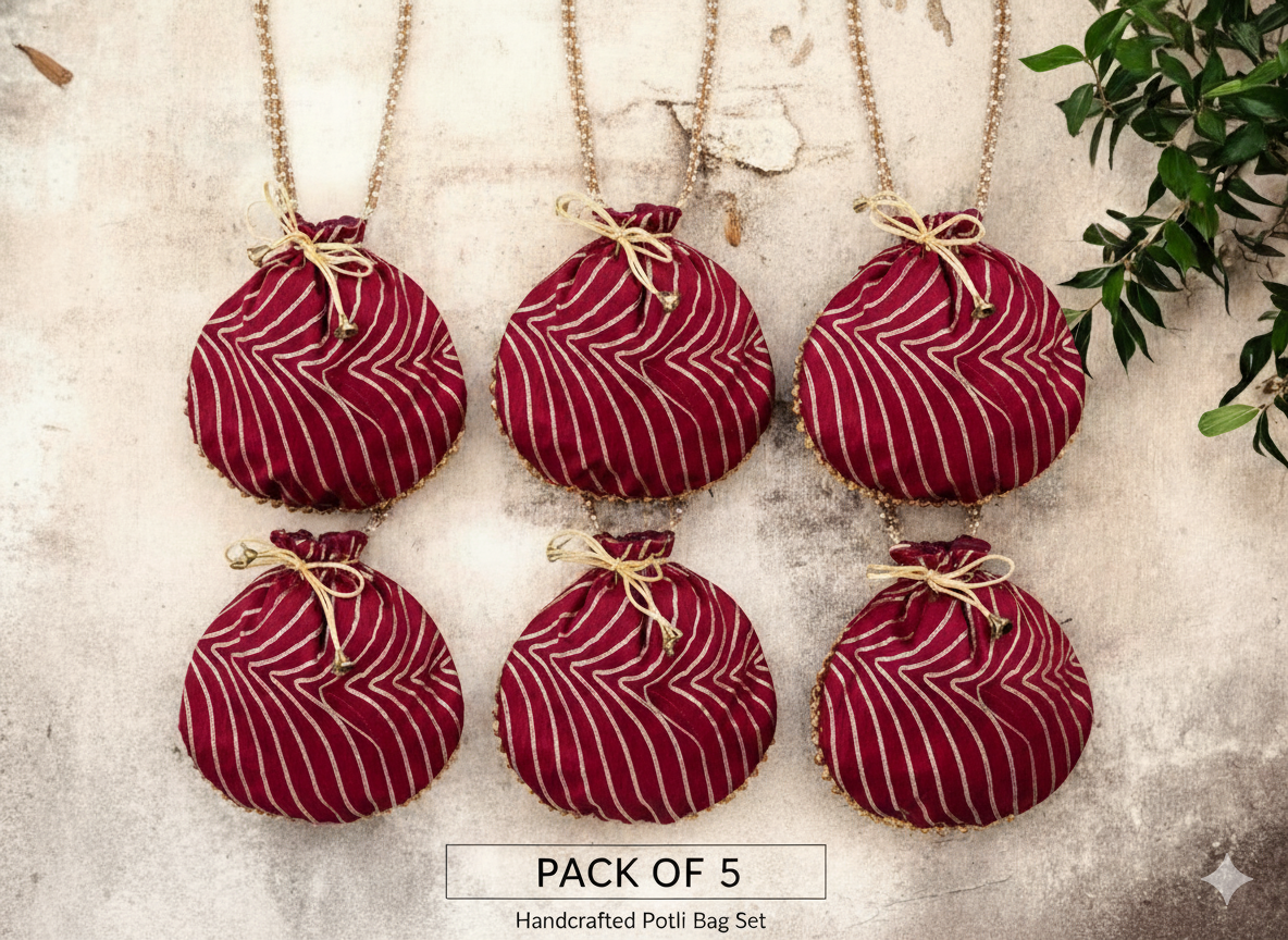 Bandhani Style Round Potli Bag with Golden Handle - Red