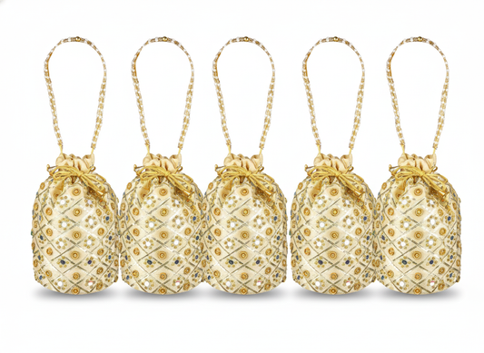 Embellished Silk Potli Bag with Beaded Handle Beige - Pack of 5
