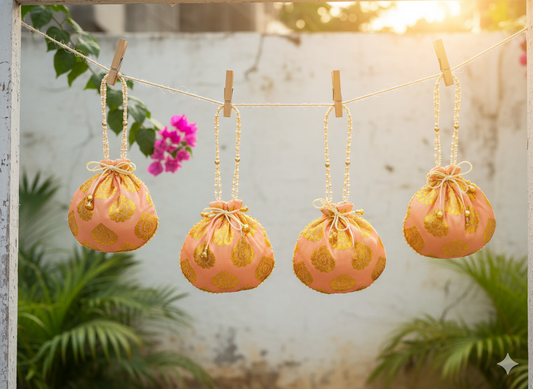 Bail Round Potli Bag with Pearl Beaded Handle Peach- Pack of 4