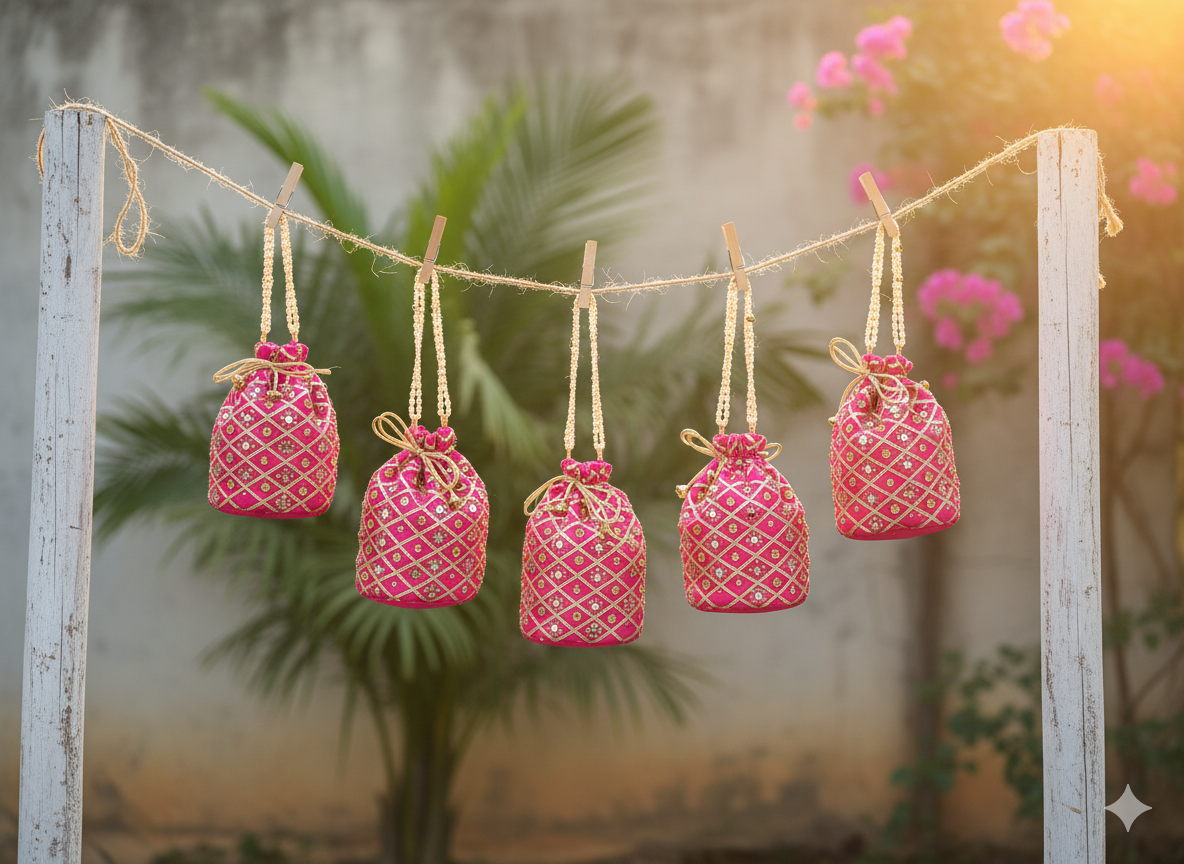 Embellished Silk Potli Bag with Beaded Handle Pink - Pack of 5