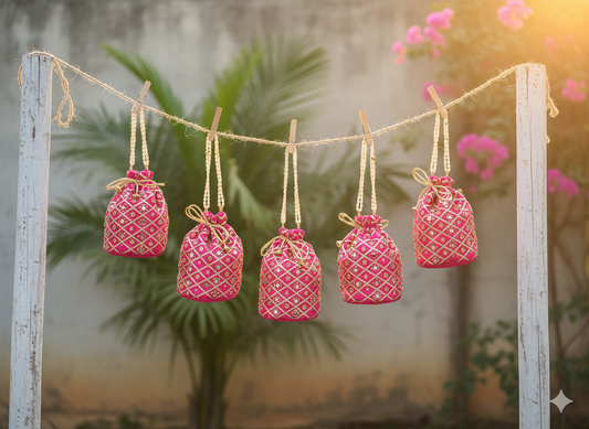 Embellished Silk Potli Bag with Beaded Handle Pink - Pack of 5
