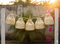Embellished Silk Potli Bag with Beaded Handle Beige - Pack of 5