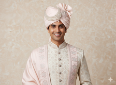 Pastel Pink Groom Pagdi with Embroidered Safa and Pearl Kalgi