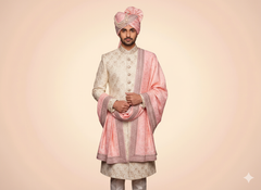 Regal Peach-Pink Groom’s Pagdi with Embroidered Safa & Pearl Kalgi