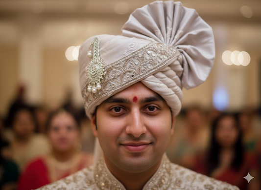 Hand-Tied Champagne Rose Groom Pagdi with Safa and Pearl Kalgi