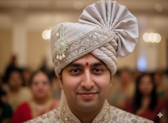 Hand-Tied Champagne Rose Groom Pagdi with Safa and Pearl Kalgi