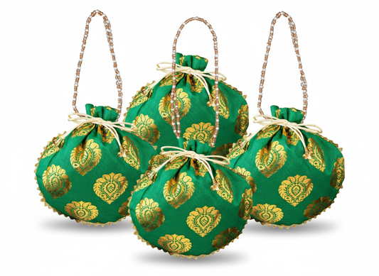Bail Round Potli Bag with Pearl Beaded Handle Green- Pack of 4