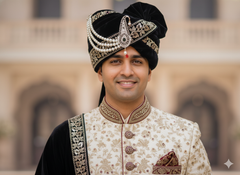 Royal Black Velvet Groom Pagdi with Safa and Pearl Kalgi