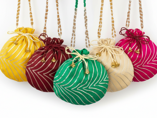 Bandhani Style Round Potli Bag with Golden Handle - Mutliple colours