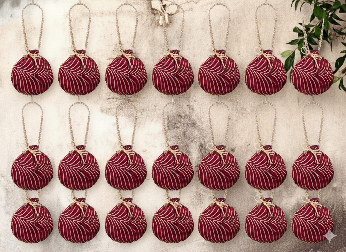 Bandhani Style Round Potli Bag with Golden Handle - Red