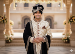 Royal Black Velvet Groom Pagdi with Safa and Pearl Kalgi