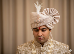 Hand-Tied Signature Groom Pagdi with Embroidered Safa and Pearl Kalgi