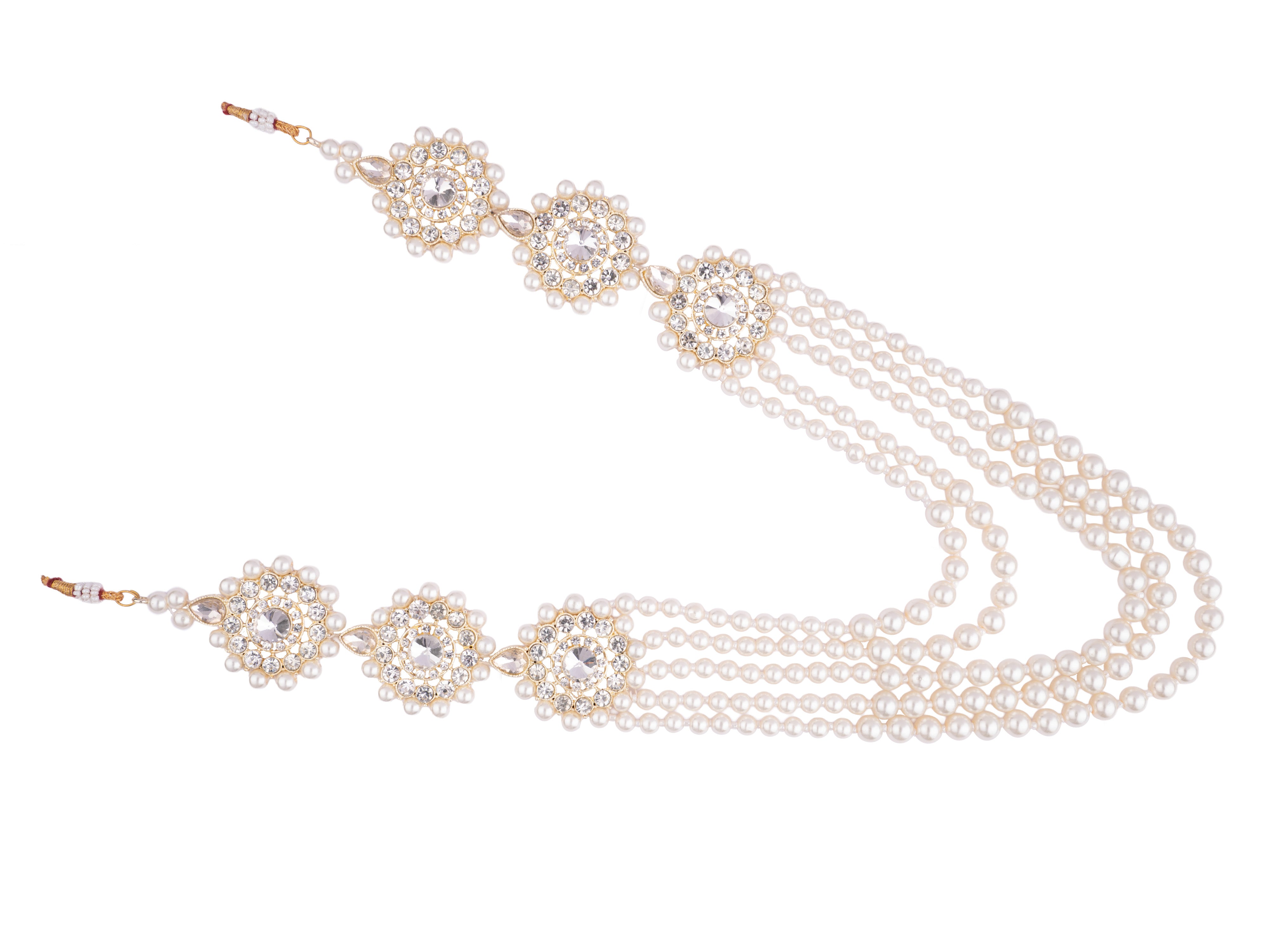 Glorious Pearl & Bead Groom’s Mala with Kundan Floral Motifs - Cream