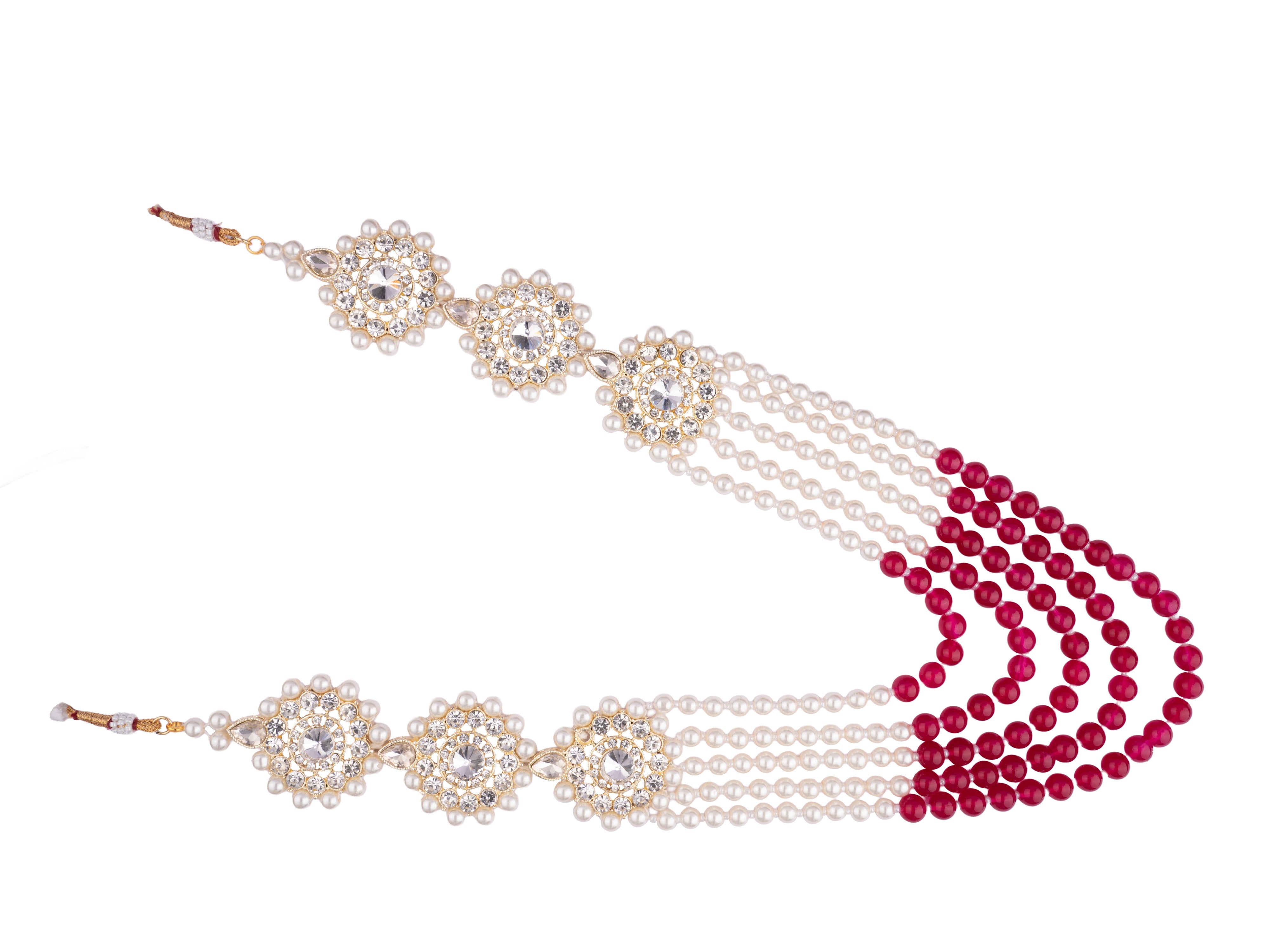 Glorious Pearl & Bead Groom’s Mala with Kundan Floral Motifs - Red