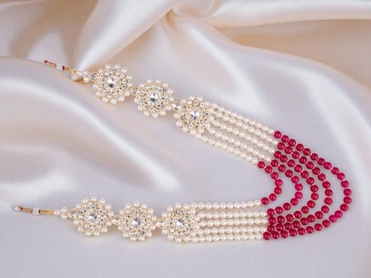 Glorious Pearl & Bead Groom’s Mala with Kundan Floral Motifs - Red