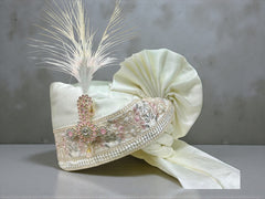 Hand-Tied Grand Groom Pagdi with Baby Pink Embroidery with  Safa and Pearl Kalgi
