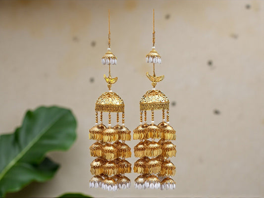 Grand Multi-Layer Golden Bridal Kaleera with Bird Motif & Pearl Drops