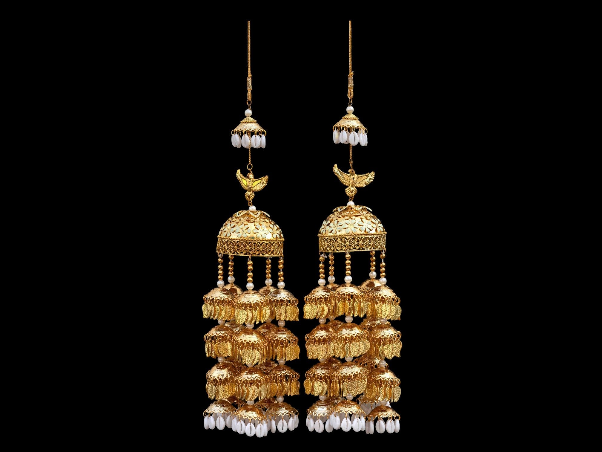 Grand Multi-Layer Golden Bridal Kaleera with Bird Motif & Pearl Drops