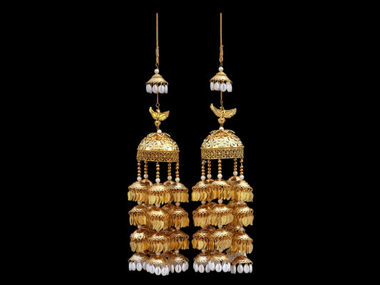 Grand Multi-Layer Golden Bridal Kaleera with Bird Motif & Pearl Drops