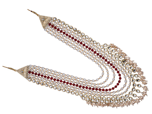 Grand Multi-Layer Pearl & Kundan Groom Mala with Red Bead Accents
