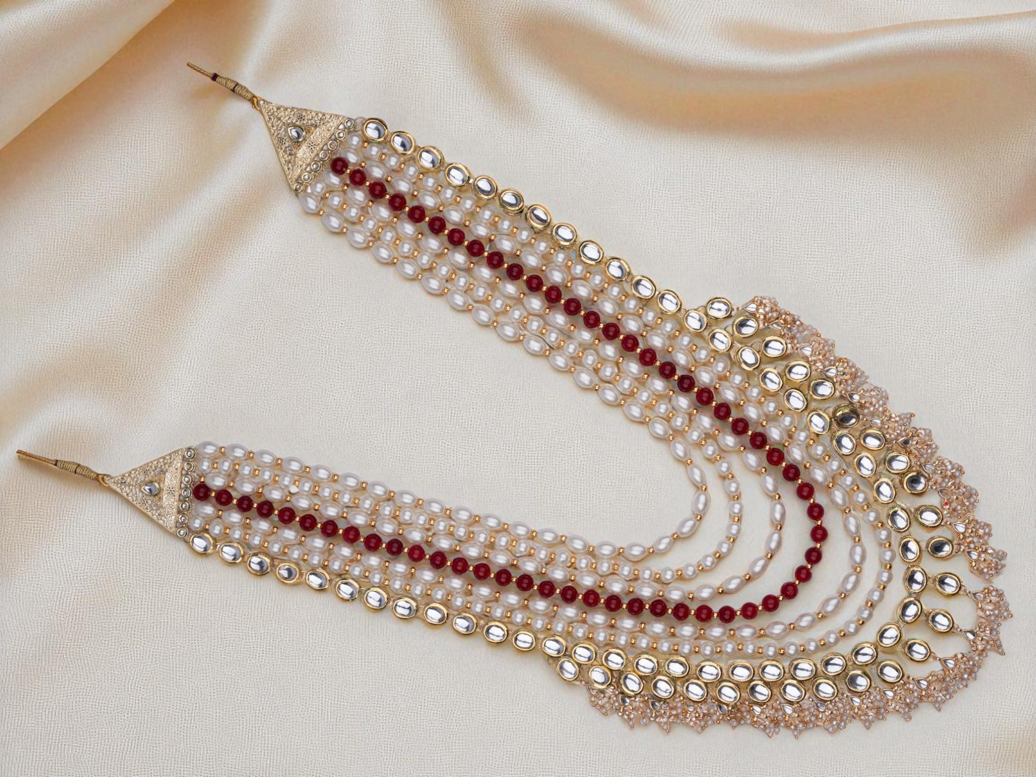 Grand Multi-Layer Pearl & Kundan Groom Mala with Red Bead Accents

