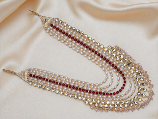Grand Multi-Layer Pearl & Kundan Groom Mala with Red Bead Accents
