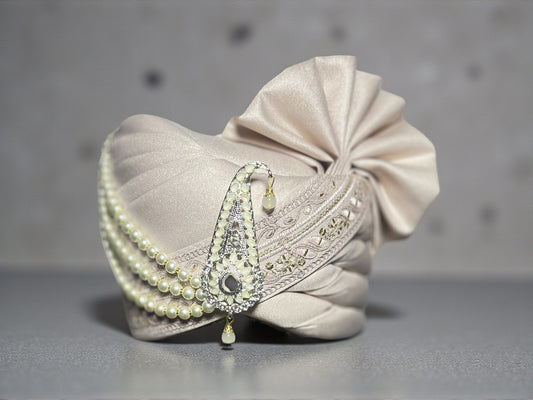 Premium Rose Gold Groom Pagdi – Regal Satin Safa with Peal Kalgi