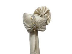 Rich Timeless Ivory Satin  Groom Pagdi with Embroidered Safa and Pearl Kalgi