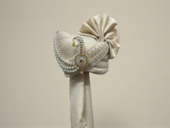 Rich Timeless Ivory Satin  Groom Pagdi with Embroidered Safa and Pearl Kalgi