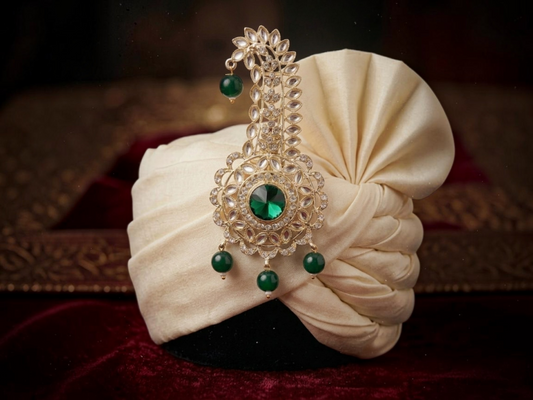 Traditional Groom kalgi with Kundan Work & Pearl Danglers - Green