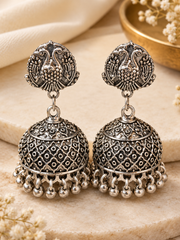 Navratri Pearl Cascade Oxidised Jhumka Earrings