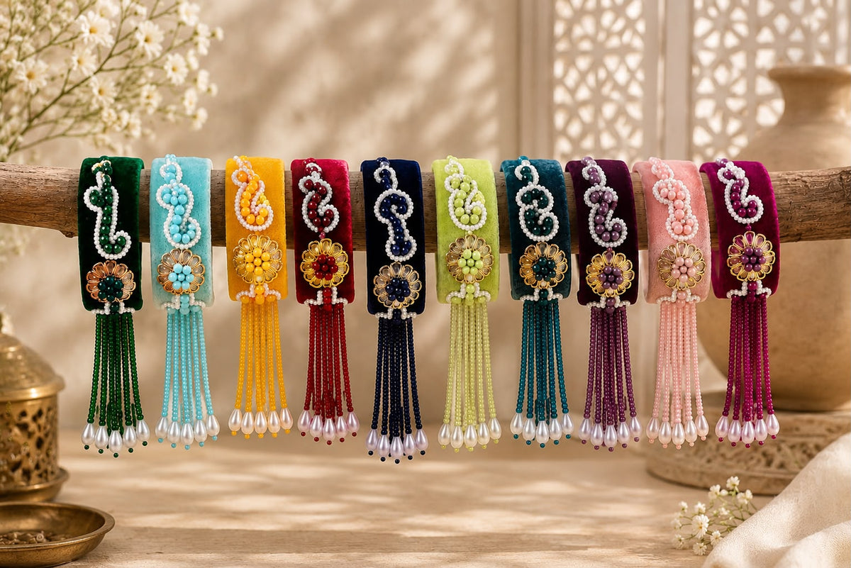 JB Handcrafted Velvet Bhabhi Rakhi Lumba with Bead Tassels +Gift box + Message card – Premium Designer with Rakhi (Multiple Colour Options) (Copy)