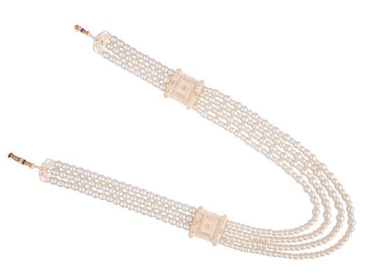 Majestic Triple-Layer Pearl Groom’s Mala with Goldenen Kundan Panels