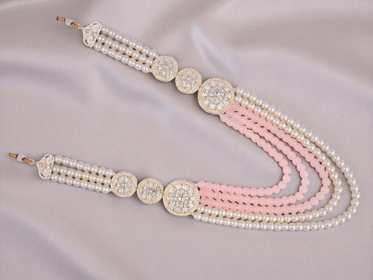 Minimalistic Multi-Layer Groom’s Mala with Kundan Accents - Peach