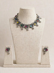 Navratri Morpankh – Multicolour Oxidised Peacock Feather Necklace & Earrings Set