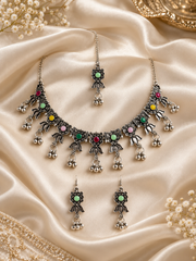 Navratri Multicolour Oxidised Floral Necklace & Earrings Set