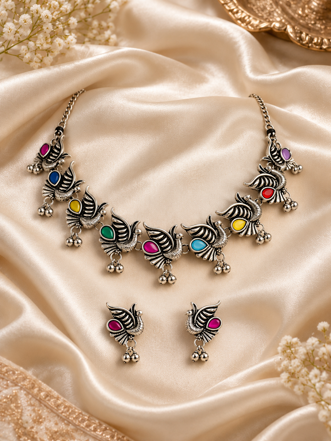 Navratri Morpankh – Multicolour Oxidised Peacock Feather Necklace & Earrings Set