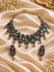 Navratri Rangmahal – Multicolour Oxidised Statement Necklace & Earrings Set