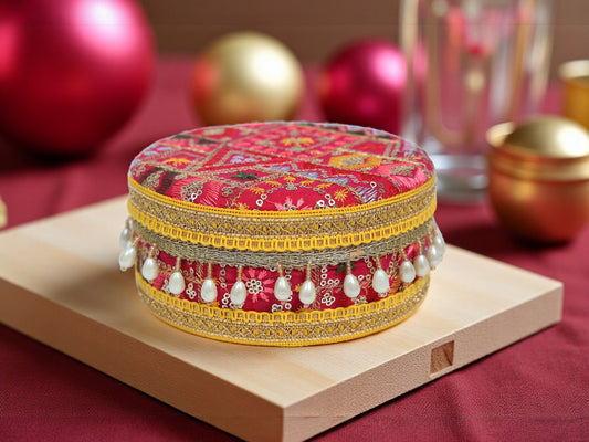 Phulkari Handcrafted Laddoo Box  - Rani Pink