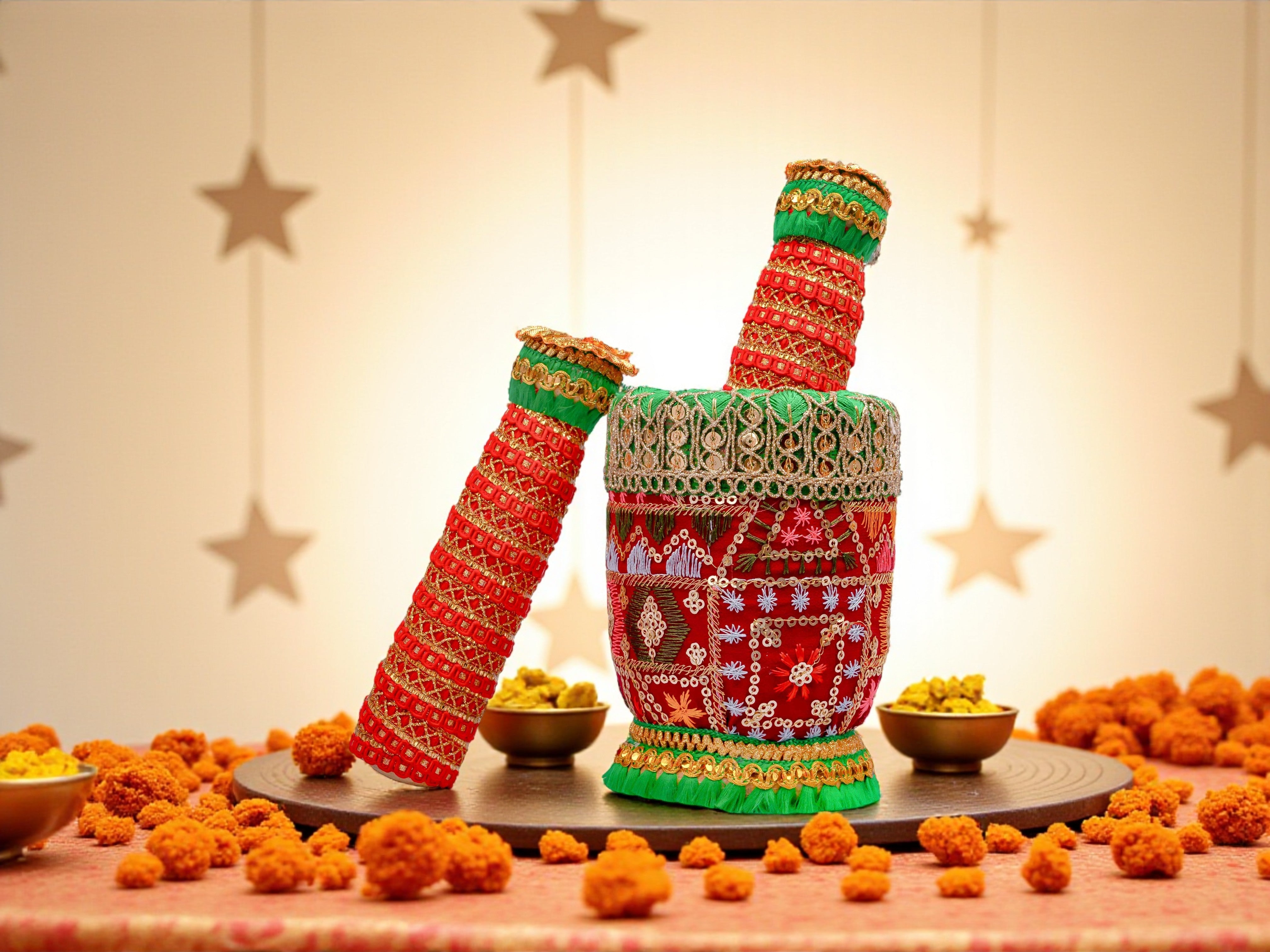 Phulkari Handcrafted Okhal Musal  - Maroon