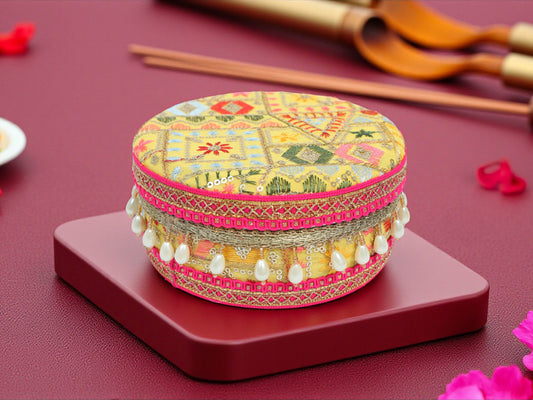 Phulkari Handcrafted Laddoo Box  - Yellow