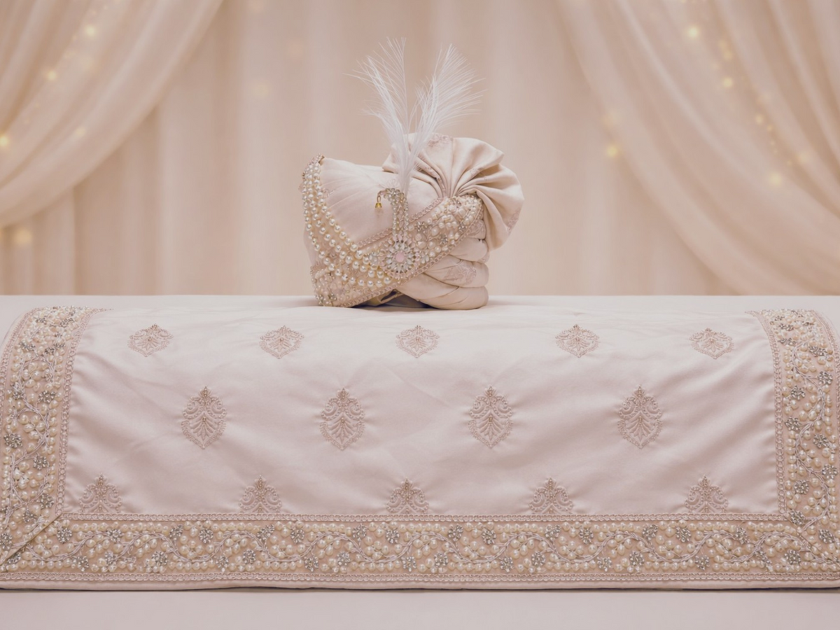 Blush Pink Groom Pagdi with Embroidered Safa and Pearl Kalgi